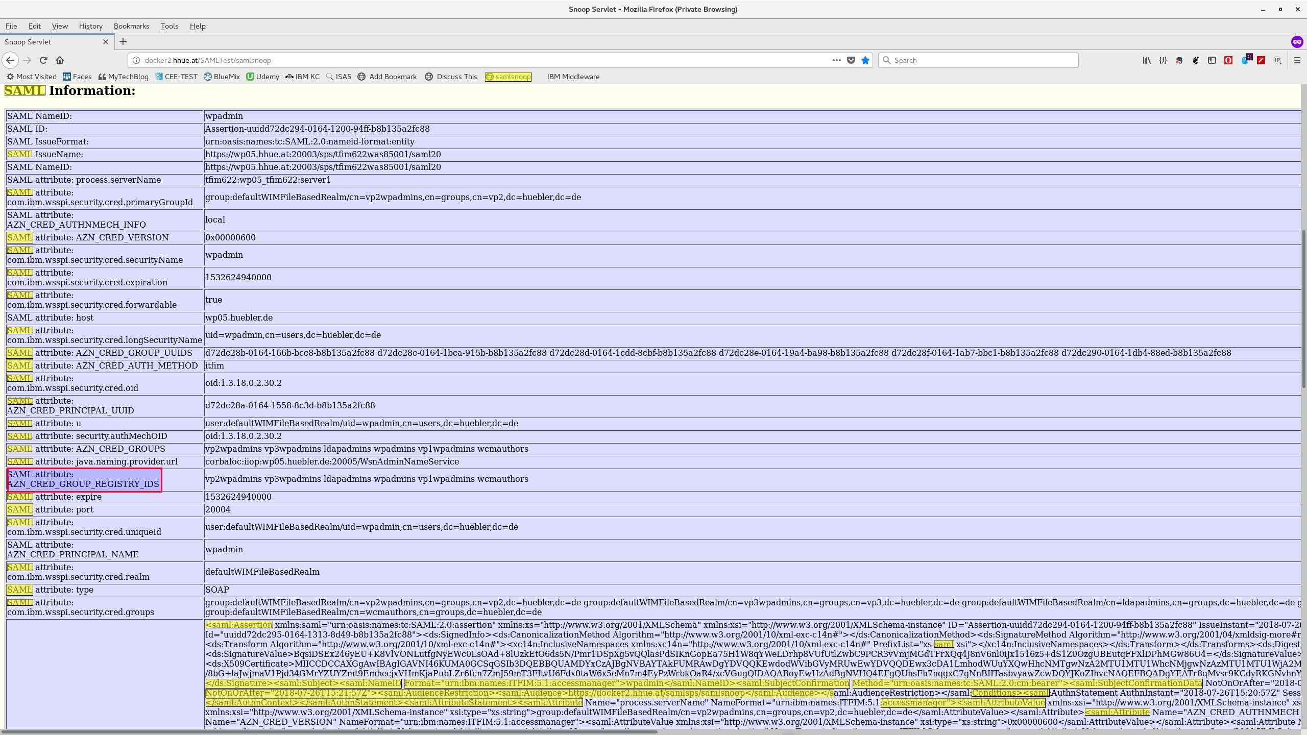 SAML Group attribute in Snoop Servlet